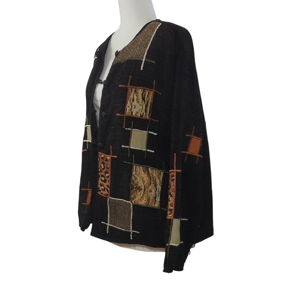 Vintage 90s Black Tapestry Jacket Geometric Animal‎ Print Patches Artsy Large - Picture 7 of 14